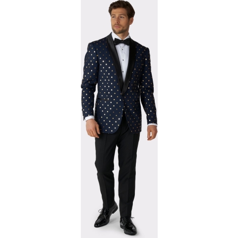 OppoSuits Goldy Dots - Heren Tuxedo Smoking met Vlinderdas - Chique -Donkerblauw- Maat EU 54