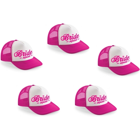 6x stuks roze fuchsia vrijgezellenfeest snapback cap/ truckers pet Bride Squad script dames - Vrijgezellen petjes / caps