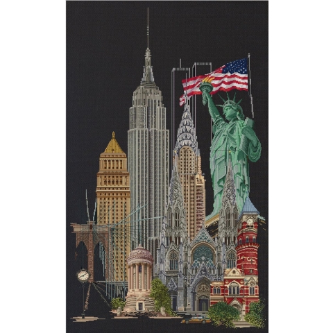 Thea Gouverneur - Borduurpakket met telpatroon - 471.05 - Voorgesorteerde DMC Garens - New York - Zwart Aida - 50 cm x 79 cm - DIY Kit