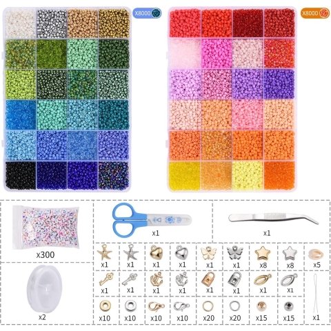 Kralenset van 16.000 stuks, 3 mm, glazen kralen om te rijgen, kleurrijke kralen, knutselen met 300 letterkralen, voor het zelf maken van armbanden, kralenset voor sieraden, kettingen,