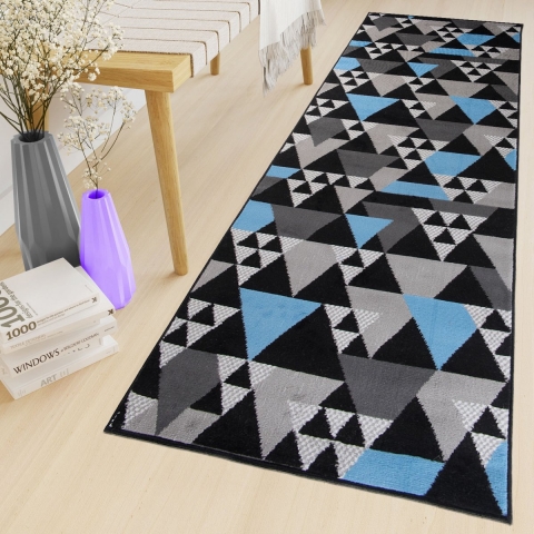 Tapiso Maya Loper Vloerkleed Zwart Blauw Gang Modern Woonkamer Gang Maat- 80x900