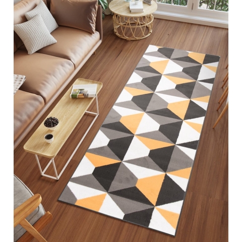 Tapiso Luxury Tapijtloper Grijs Oranje Geometrisch Gang Woonkamer Vloerkleed Maat- 120x500