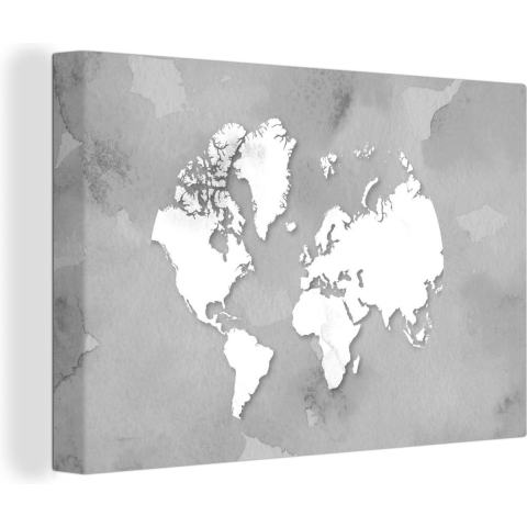 Canvas Wereldkaart - 150x100 - Wanddecoratie Ronde en witte wereldkaart op een grijze achtergrond - zwart wit