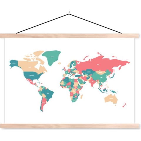 Posterhanger incl. Poster - Schoolplaat - Wereldkaart - Roze - Blauw - Simpel - 150x100 cm - Blanke latten