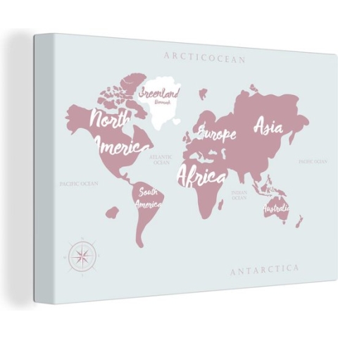 Canvas Wereldkaart - 120x80 - Wanddecoratie Wereldkaart - Roze - Letters