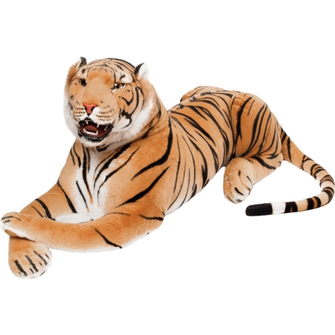BRUBAKER Brullende Tijger - Knuffel met Tanden 130 cm - Liggende Levensechte Knuffel - Koning van de Jungle - Bruin