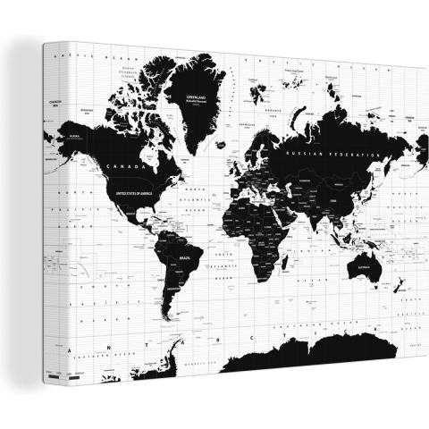 Canvas Wereldkaart - 150x100 - Wanddecoratie Wereldkaart - Zwart - Wit - Atlas - Aarde - Educatief