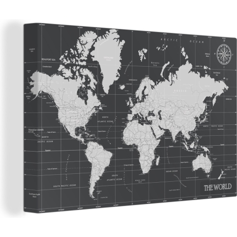 Canvas Wereldkaart - 150x100 - Wanddecoratie Wereldkaart - Zwart - Wit - Wereld
