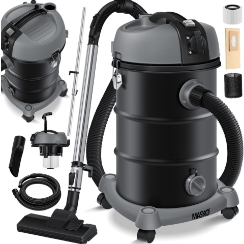 MASKO® industriële stofzuiger nat-droog roestvrij staal 2300W + stopcontact | blaasfunctie | droog en nat zuigen | Push&Clean | industriële stofzuiger met en zonder zak | zakloos - Antraciet
