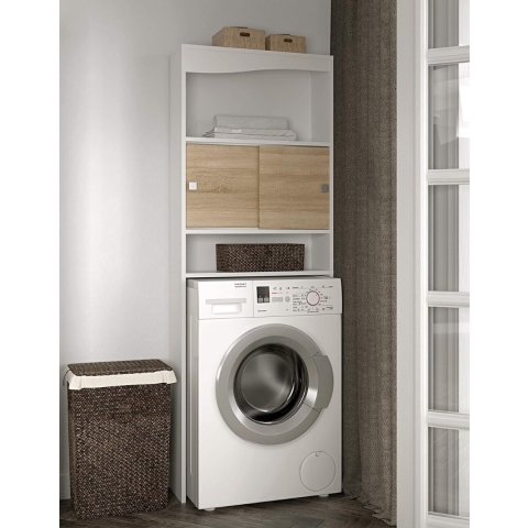 Wasmachine Kast - Wasmachine Ombouw Opbergrek 3 Schappen - Wasmachine Meubel Met Verhoger - Kast Voor Wasdroger - Wit/Eiken