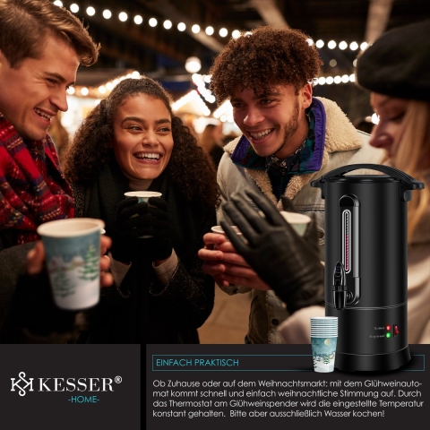 KESSER® Gluhweinketel 10 Liter - Elektrische Ketel voor Gluhwein - Glühweinketel Roestvrij Staal Incl. 10x Mokken Warm Dranken Dispenser voor Glühwein met Thermostaat Water Koker - Zwart