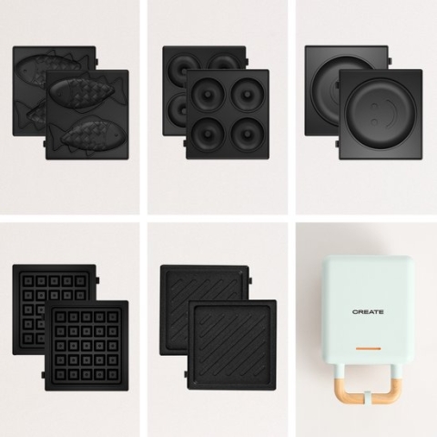 PACK - STONE 2 in 1 COMPACT Wafel en Grill Sandwich Maker + Taiyaki Plaat + Pannenkoek Pannenkoek Plaat + Donuts Plaat - Pastel Blauw