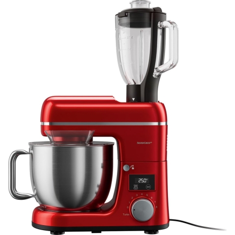 Silvercrest Keukenmachine - Vermogen: 900 W - Mengkom: 3,6 L - Standen: 8 + turbo - Rood - Met geïntegreerde weegschaal voor wegen in de mengkom - Kneedhaak met Teflon® antiaanbaklaag - Blenderopzetstuk met RVS mes