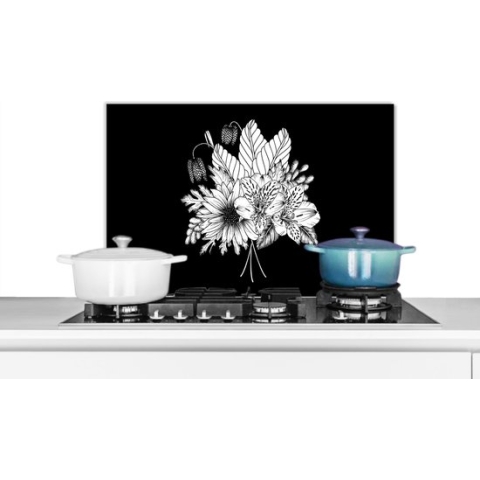 Spatscherm Keuken - Kookplaat Achterwand - Spatwand Fornuis - 60x40 cm - Vintage - Bloemen - Bladeren - Boeket - Zwart wit - Aluminium - Wanddecoratie - Muurbeschermer - Hittebestendig