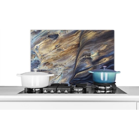 Spatscherm Keuken - Kookplaat Achterwand - Spatwand Fornuis - 70x50 cm - Marmer - Goud - Waterverf - Textuur - Marmerlook - Aluminium - Wanddecoratie - Muurbeschermer - Hittebestendig