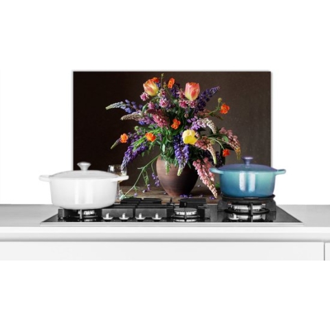 Spatscherm Keuken - Kookplaat Achterwand - Spatwand Fornuis - 70x50 cm - Stilleven - Wijn - Bloemen - Aluminium - Wanddecoratie - Muurbeschermer - Hittebestendig