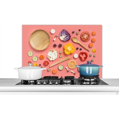 Spatscherm Keuken - Kookplaat Achterwand - Spatwand Fornuis - 90x60 cm - Eten - Keuken - Groente - Aluminium - Wanddecoratie - Muurbeschermer - Hittebestendig
