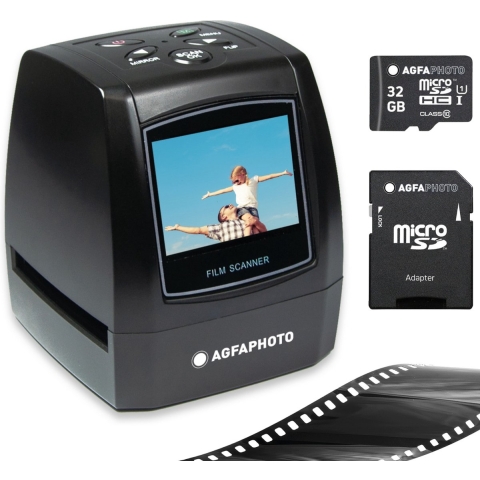 AGFA PHOTO Pack Scanner Numérique Realiview AFS100 + 1 carte SD 32GB – Scanner de Films, Négatifs 35mm/135 et Diapositives (10MP, Écran LCD 2.4’’) - Noir