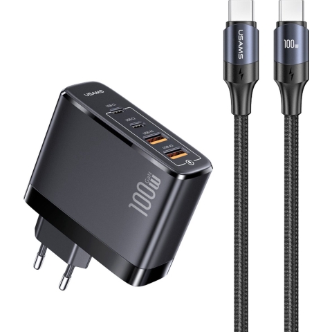 USAMS oplader 2x USB-C en 2x USB-A poorten max. 100W vermogen - Geschikt voor USB-C laden van Laptops en Tablets - incl. Nylon USB-C-USB-C kabel