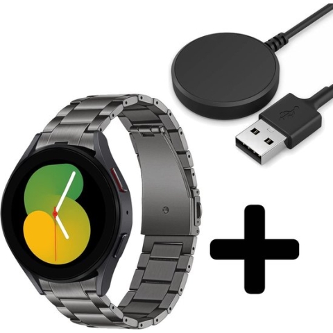 Strap-it Bandje geschikt voor Samsung Galaxy Watch 5 (40mm / 44mm / Pro) bandje titanium bandje (grafiet) - Incl. Oplader geschikt voor Samsung Galaxy Watch 5 40 mm / 44 mm / Pro (oplaadkabel)