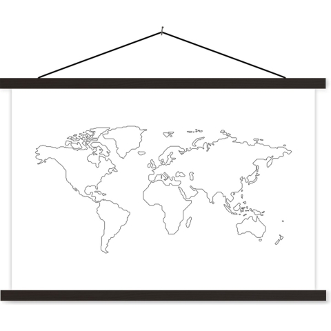 Posterhanger incl. Poster - Schoolplaat - Wereldkaart - Simpel - Zwart - Wit - 150x100 cm - Zwarte latten