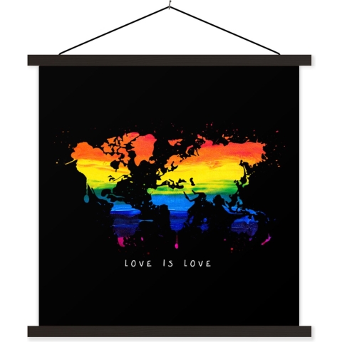 Wanddecoratie - Wereldkaart - Pride - Love - Schoolplaat - 120x120 cm - Textielposter - Textiel poster