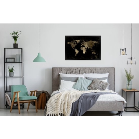 Fotolijst incl. Poster - Wereldkaart - Zwart - Goud - 90x60 cm - Posterlijst