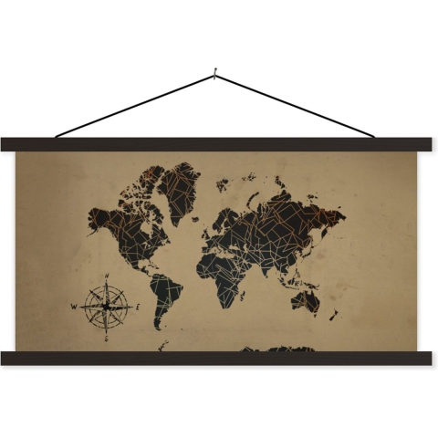 Wanddecoratie - Wereldkaart - Vormen - Windroos - Schoolplaat - 150x75 cm - Textielposter - Textiel poster