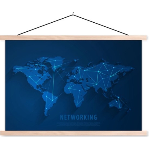 Posterhanger incl. Poster - Schoolplaat - Wereldkaart - Simpel - Blauw - 150x100 cm - Blanke latten