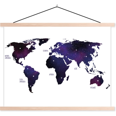 Posterhanger incl. Poster - Schoolplaat - Wereldkaart - Sterrenhemel - Paars - 150x113 cm - Zwarte latten