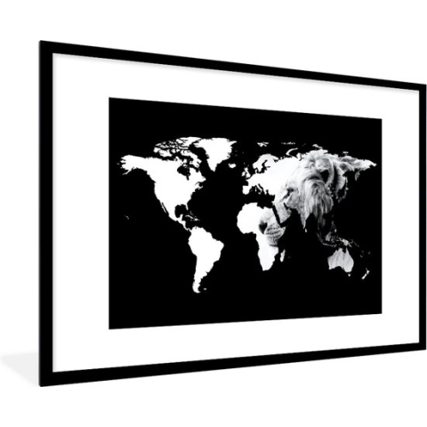 Fotolijst incl. Poster - Wereldkaart - Zwart - Wit - Leeuw - 90x60 cm - Posterlijst