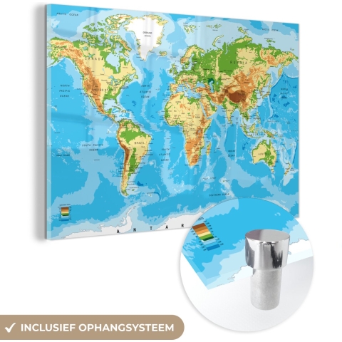 MuchoWow® Glasschilderij - Wereldkaart - Atlas - Kleuren - Kids - Jongens - Meisjes - 180x120 cm - Acrylglas Schilderijen - Foto op Glas