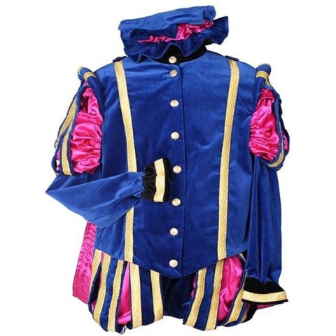 Luxe pietenpak blauw-roze met cape.