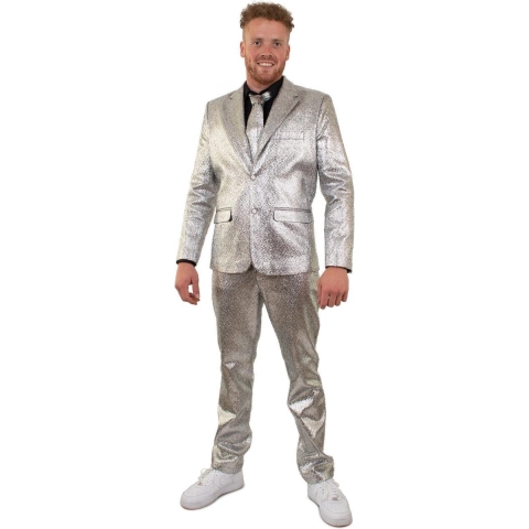 PartyXplosion - Glitter & Glamour Kostuum - Zilver Metallic Space Man 3-Delig Kostuum - Zilver - Maat 50 - Carnavalskleding - Verkleedkleding