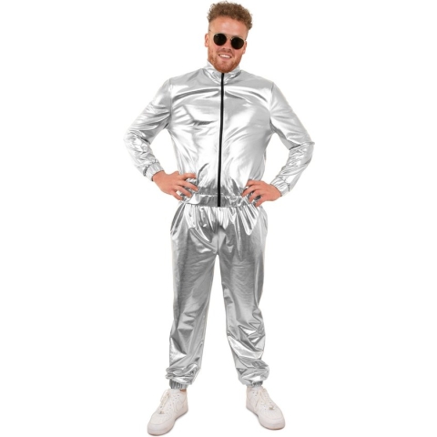 PartyXplosion - Glitter & Glamour Kostuum - Retro Trainingspak Zilver Space Attack Heren - Man - Zilver - Large - Carnavalskleding - Verkleedkleding