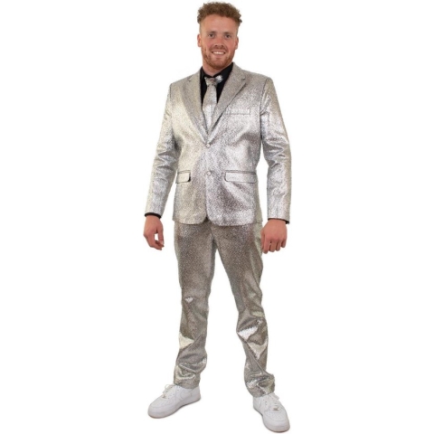 PartyXplosion - Glitter & Glamour Kostuum - Zilver Metallic Space Man 3-Delig Kostuum - Zilver - Maat 54 - Carnavalskleding - Verkleedkleding