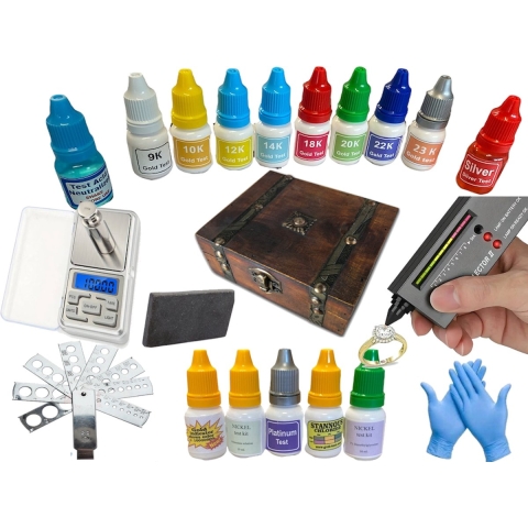 Professionele Set Toetswater Goud & Zilver SET + 9 K TEST & 23,8K TEST & Nickel & kleuren goud + Toetssteen Weegschaal - Glas - Kistje - Diamant tester - Meetinstrument - Koningswater Goud tester