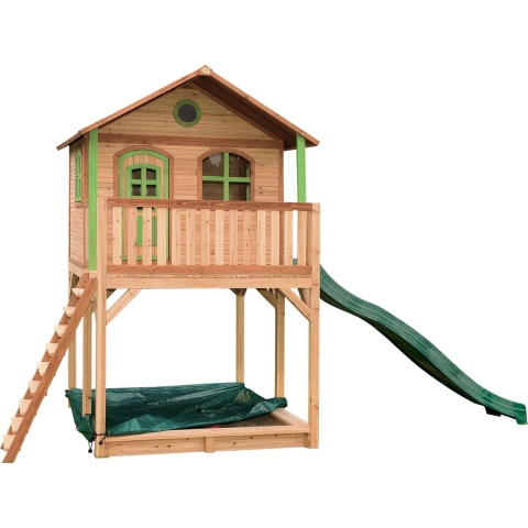 AXI Andy Speelhuis in Bruin/Groen - Met Verdieping en Groene Glijbaan - Speelhuisje voor de tuin / buiten - FSC hout - Speeltoestel voor kinderen