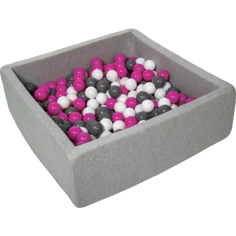 Ballenbak vierkant - grijs - 90x90x30 cm - met 300 fuchsia, grijs en witte ballen