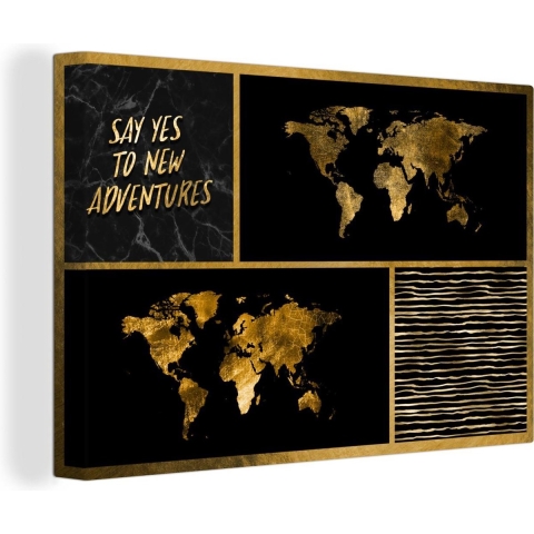 Wanddecoratie Wereldkaart - Collage - Spreuken - Goud - Canvas - 180x120 cm