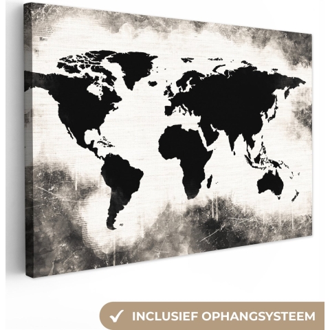 Canvas Wereldkaart - 180x120 - Wanddecoratie Wereldkaart - Zwart - Wit - Hout