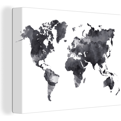 Canvas Wereldkaart - 160x120 - Wanddecoratie Wereldkaart - Waterverf - Zwart - Wit