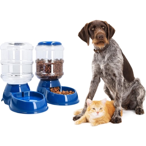 Automatische Voerbak en Waterbak - 3,8 l Voer en Water Dispenserflessen voor Hond, Kat, Puppy, Kitten - Set van 2 - Donkerblauw