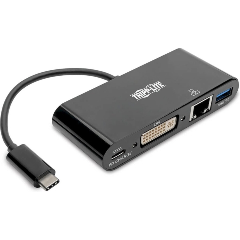 Tripp-Lite U444-06N-DGUB-C USB-C to DVI Adapter with USB-A Hub, Gigabit Ethernet, Thunderbolt 3, 1080p - PD Charging, Black TrippLite
