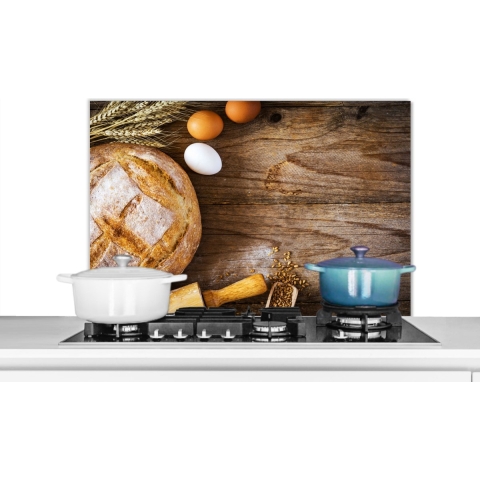 Spatscherm Keuken - Kookplaat Achterwand - Spatwand Fornuis - 90x60 cm - Brood - Eieren - Keuken - Aluminium - Wanddecoratie - Muurbeschermer - Hittebestendig