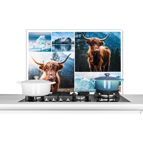 Spatscherm Keuken - Kookplaat Achterwand - Spatwand Fornuis - 90x60 cm - Schotse hooglander - Collage - Winter - Aluminium - Wanddecoratie - Muurbeschermer - Hittebestendig