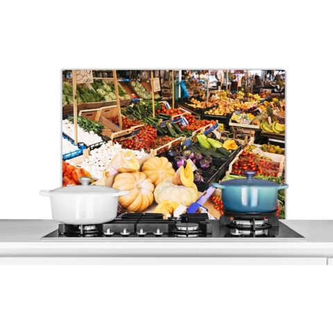 Spatscherm Keuken - Kookplaat Achterwand - Spatwand Fornuis - 90x60 cm - Fruit - Fruitkist - Markt - Aluminium - Wanddecoratie - Muurbeschermer - Hittebestendig