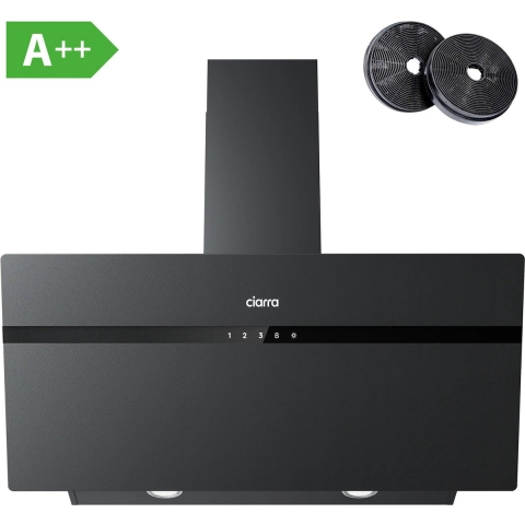 CIARRA CBCG9736H-G 90cm Schuine Afzuigkap Zwart – Melkglas met anti-vingerafdruk - inclusief set koolstoffilters – 650m3 - energieklasse A++