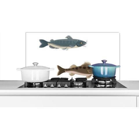 Spatscherm Keuken - Kookplaat Achterwand - Spatwand Fornuis - 90x45 cm - Een illustratie van zes gekleurde vissen - Aluminium - Wanddecoratie - Muurbeschermer - Hittebestendig