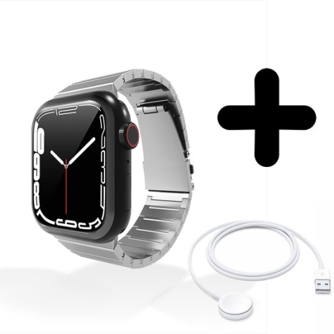 Bandje geschikt voor Apple Watch bandje luxe titanium bandje (zilver) - Voor modellen: 42/44/45/49mm Incl. Oplader geschikt voor Apple Watch 1/2/3/4/5/6/7/8/9/Ultra - Oplaadkabel - Kabel